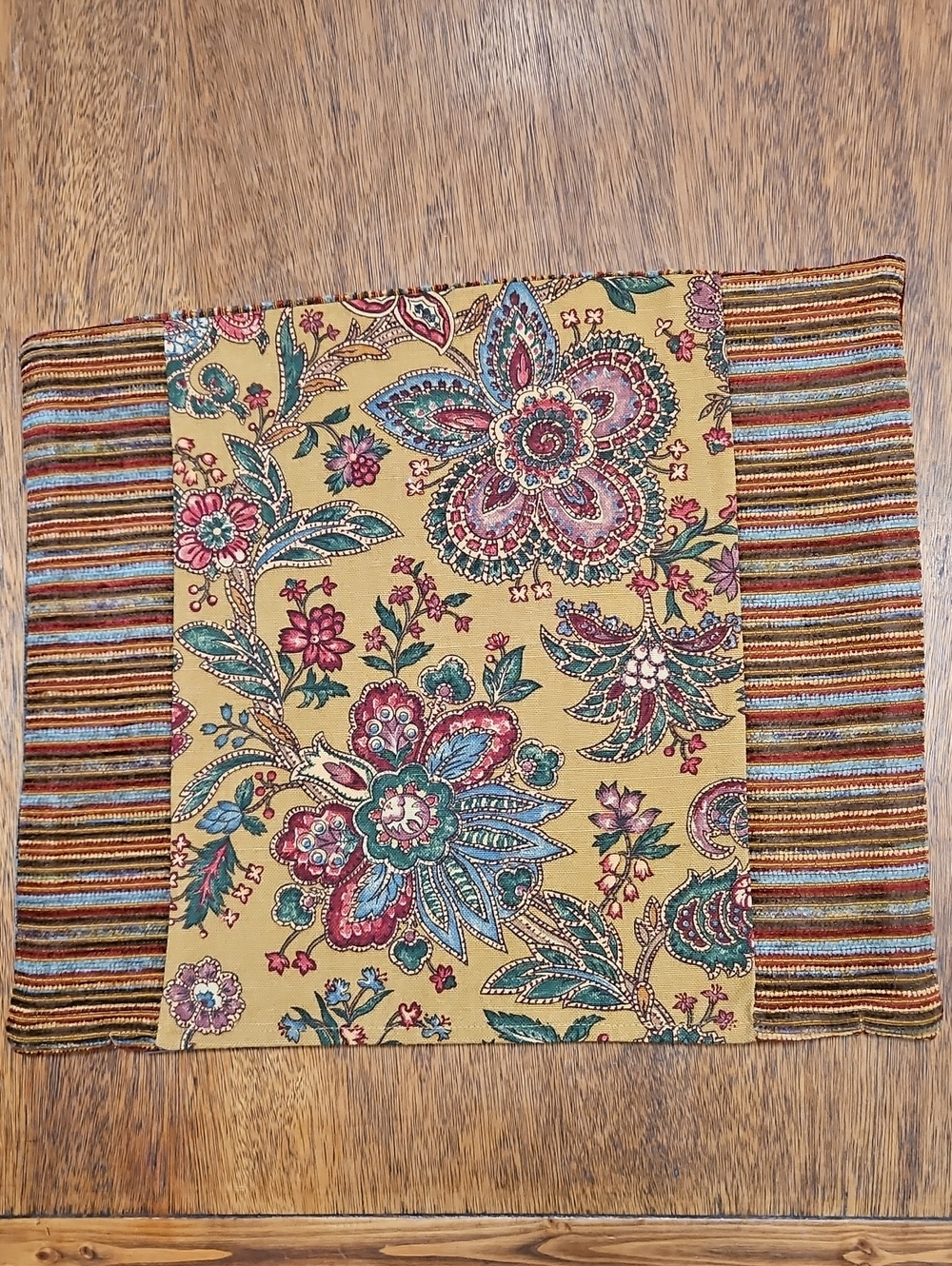 Floral Paisley Mustard Accent Pillow Cover with Striped Trim